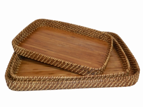 Rectangular rattan tray with bamboo bottom, set of 3 pcs